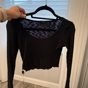 Forever 21 Black Ribbed Scoop-Neck Long Sleeve Crop Top